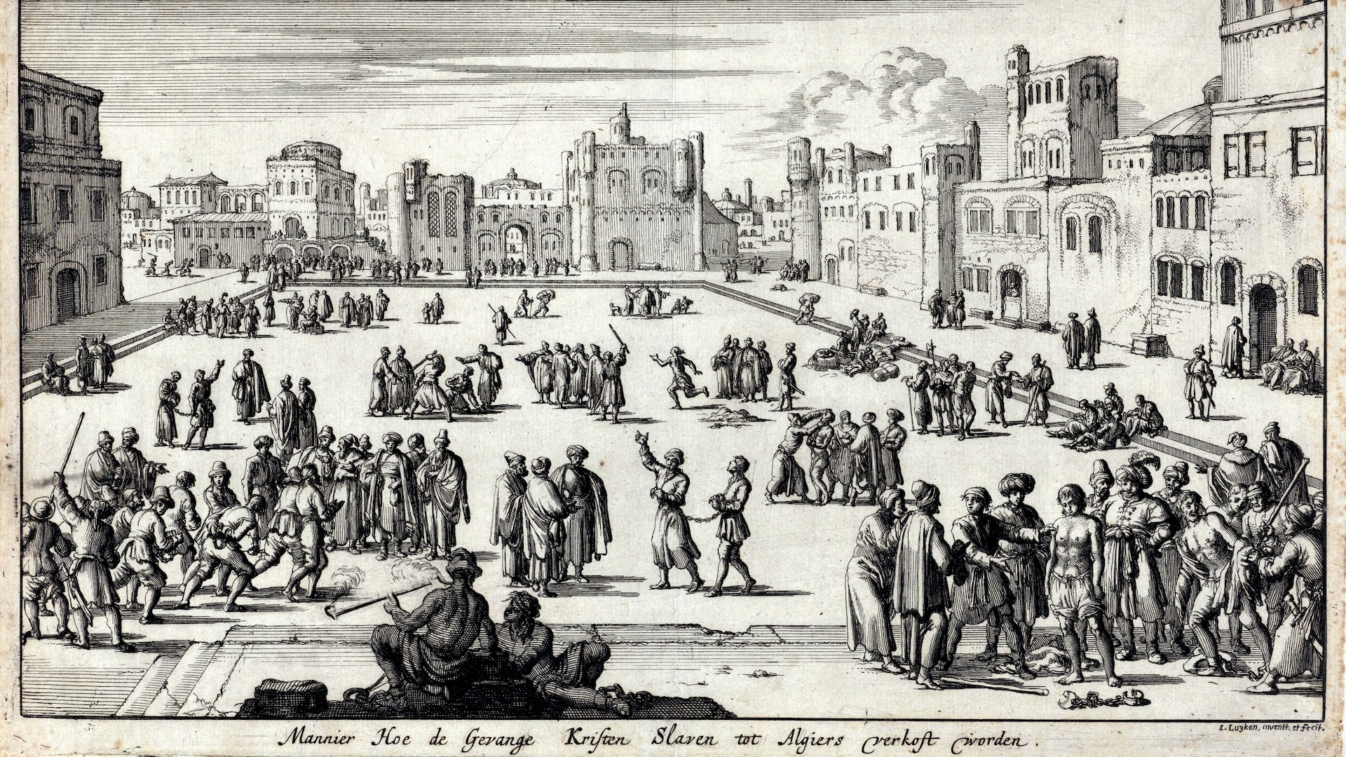 An old etched illustration of a town square full of people