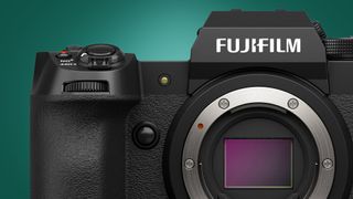The Fujifilm X-H2 camera on a green background