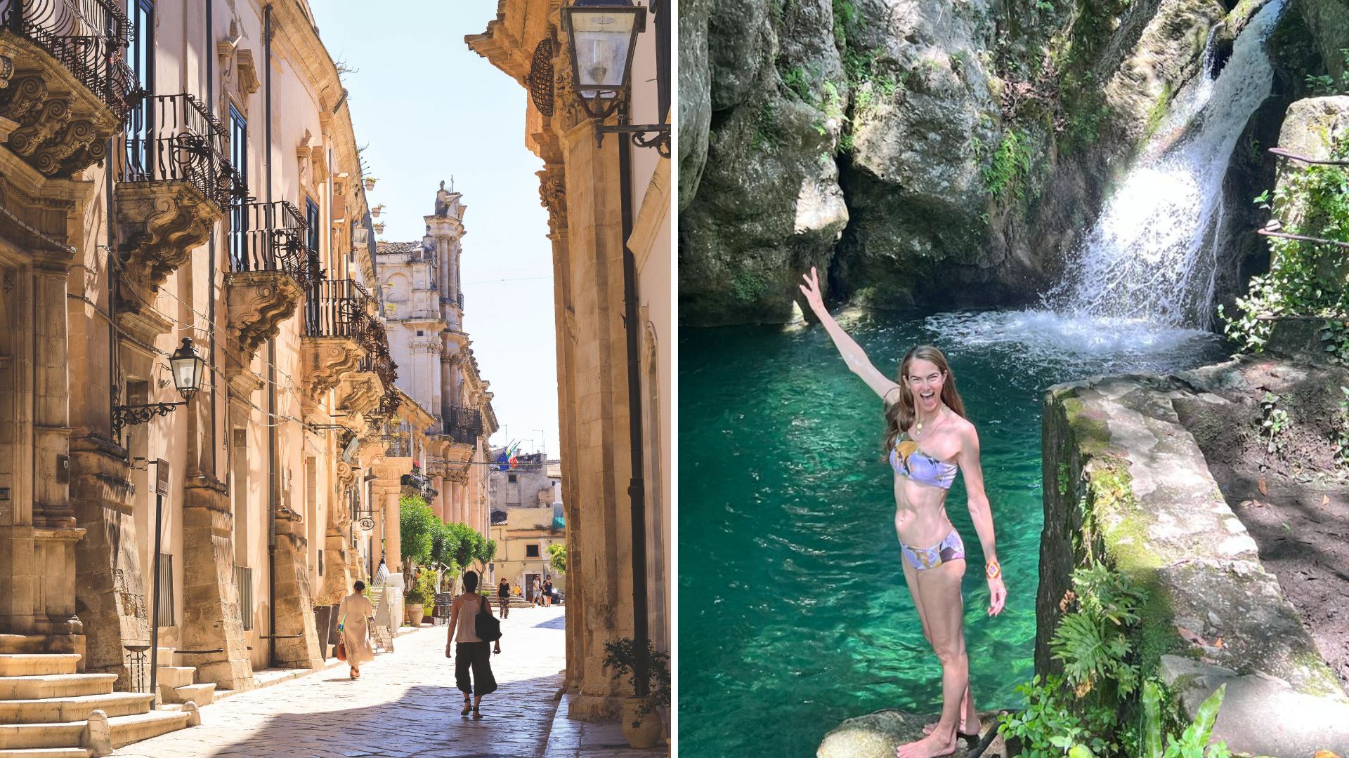 Sicilian street (left); JJ Martin standing in front of a waterfall