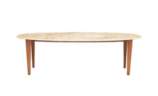 Table Ovale by Enzo Mari. A oval table with wooden legs and a white marble top.