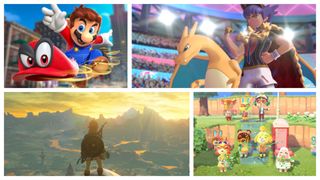 Nintendo Switch game options: clockwise from top left: Mario, Pokemon Sword and Shield Champion, Animal Crossing and The Legend of Zelda: Breath of the Wild