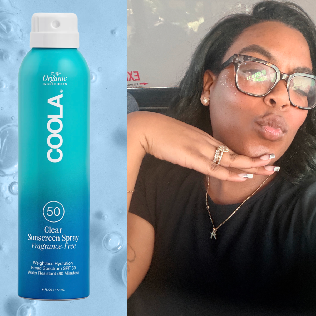 A woman with a black shirt and glasses looking into the camera. She is next to a spray sunscreen.