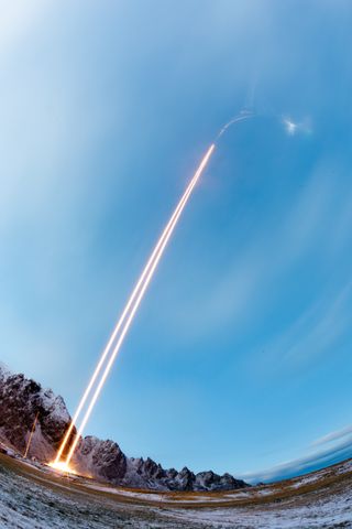 A time-lapse view of the two TRICE-2 Black Brant XII sounding rockets launching over the Norwegian Sea.