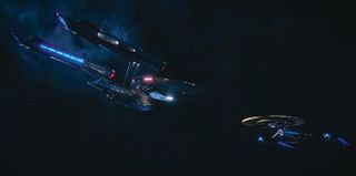 USS Enterprise (NCC-1701) encounters USS Discovery, which took several months to build because different areas of the spacecraft are seen in close-ups 