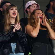 Taylor Swift and Blake Lively cheering at a New York Jets and Kansas City Chiefs game at MetLife Stadium on October 1, 2023