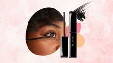 A pink watercolour background with a circular image of a woman's eye and a mascara wand applying mascara to her lashes, next to this is a tube of sensai lash lengthener mascara, and a smudge of black mascara formula