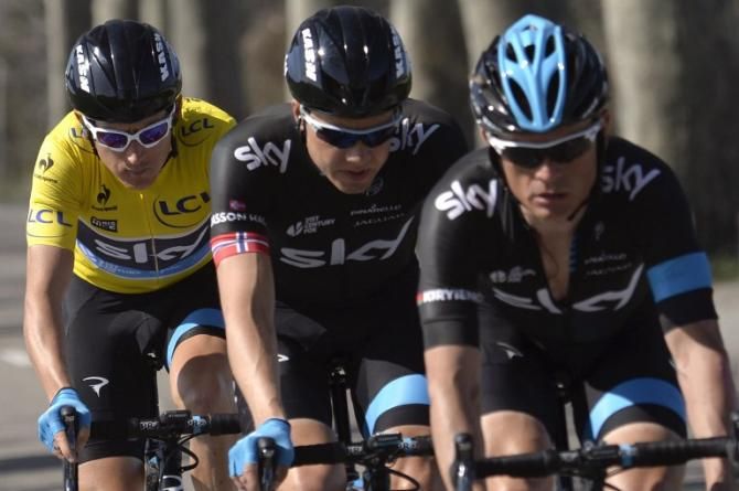 Geraint Thomas sits behind his Team Sky teammates