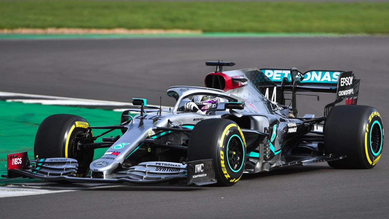Lewis Hamilton drives the Mercedes W11 at Silverstone