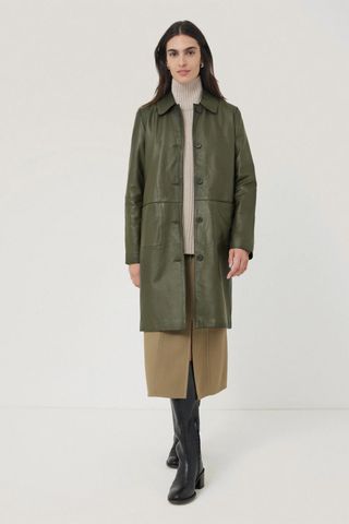 Jigsaw knee length olive leather coat