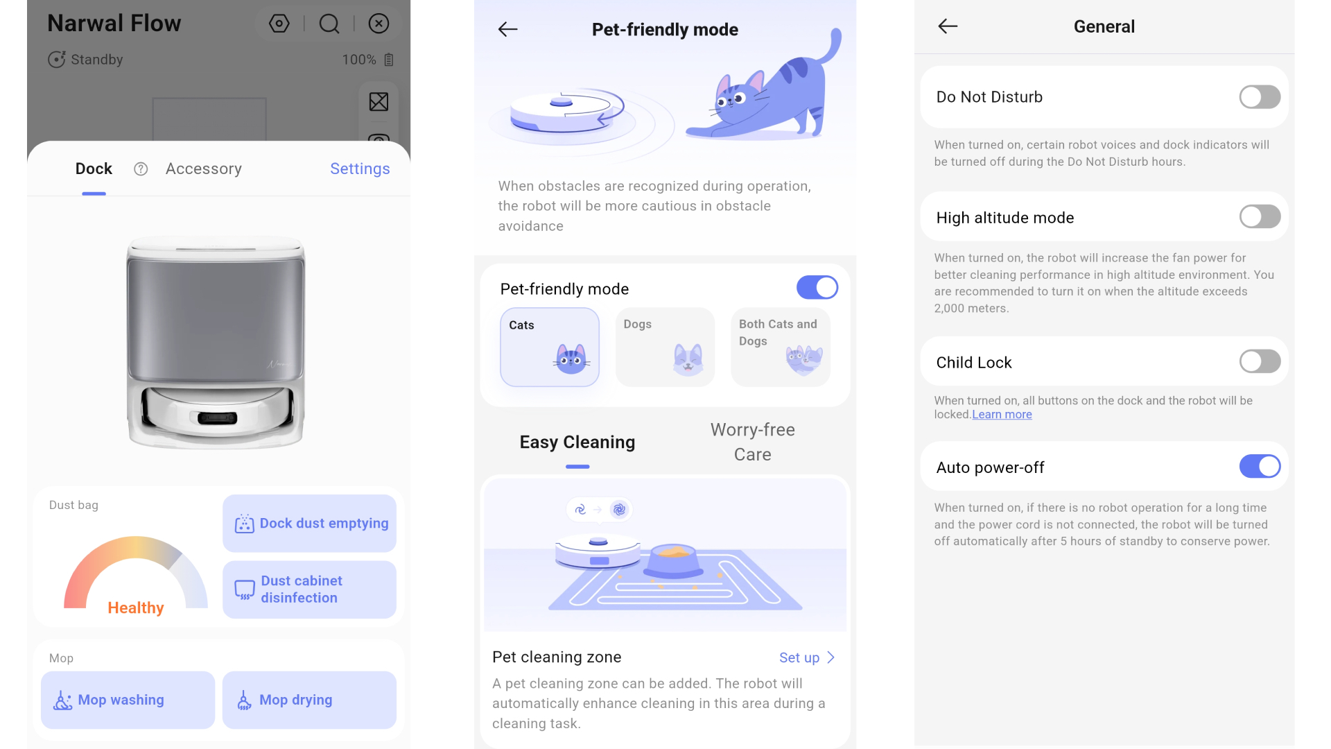 Narwal Flow app settings screen grabs