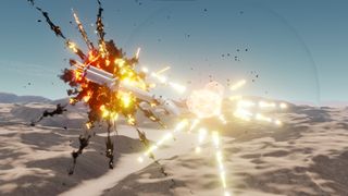 screenshot of an animated rocket exploding above a desert