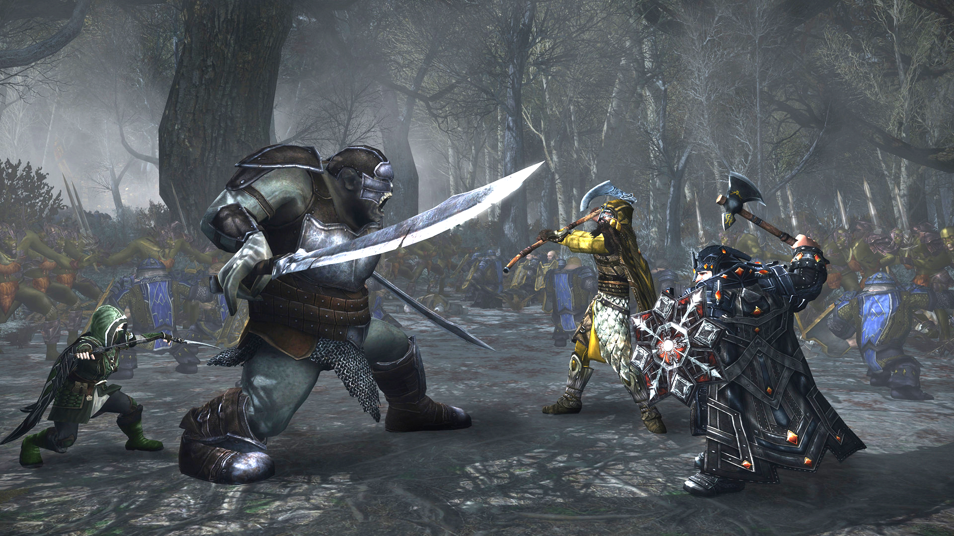 A dwarf and elf fighting a troll in the Lord of the Rings Online