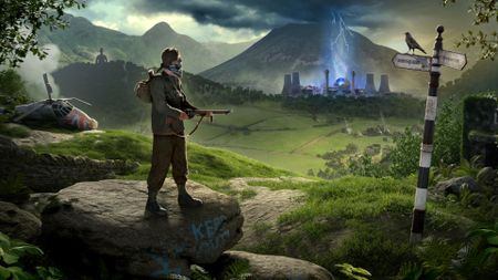 Key art for Atomfall showing a character in the English countryside looking at a nuclear plant some distance away