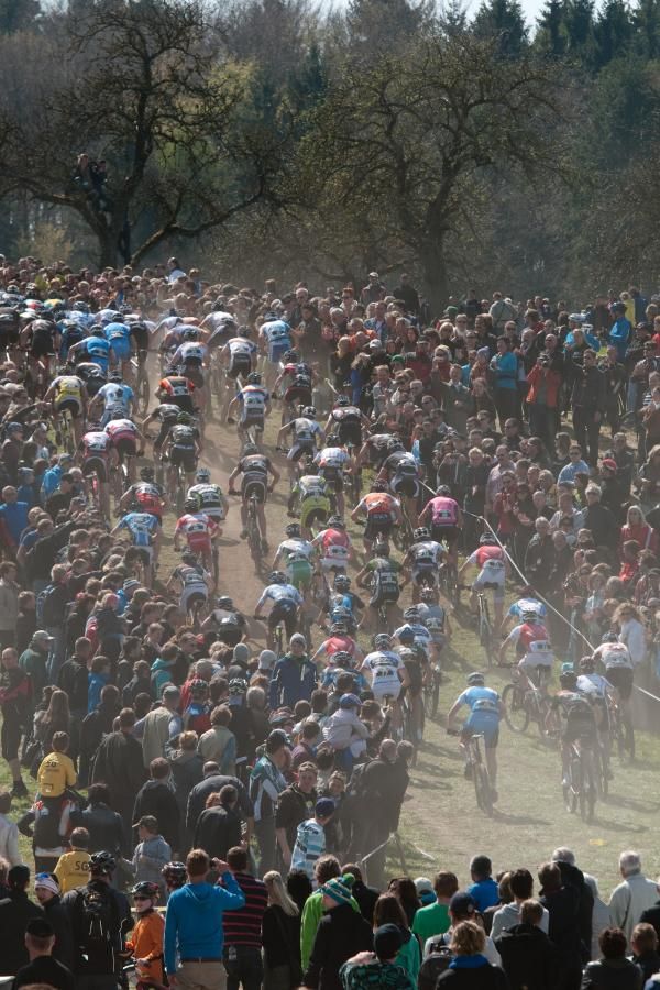 The elite men take off in a cloud of dust.