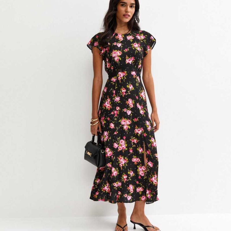 black based floral print dress