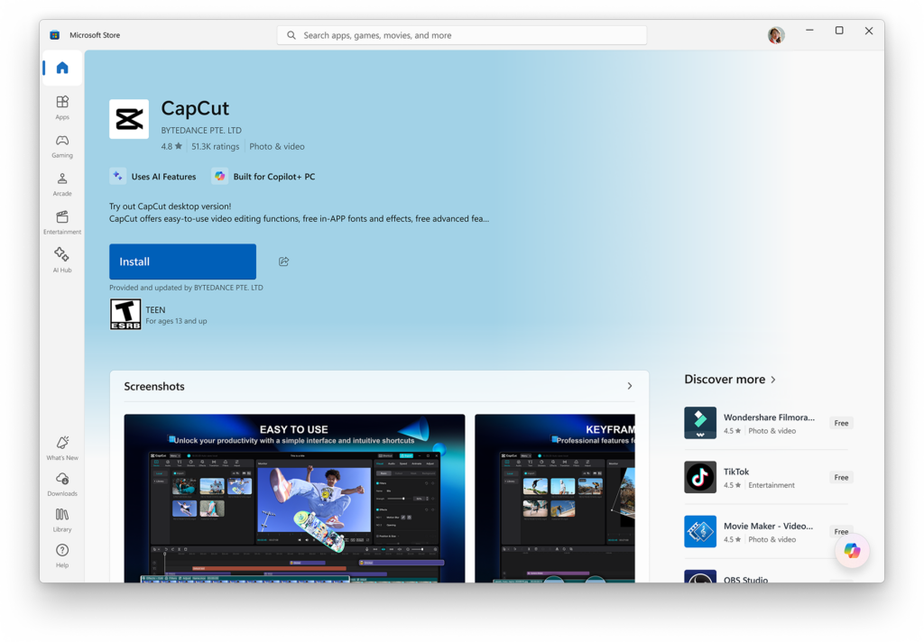 Microsoft Store showing CapCut app