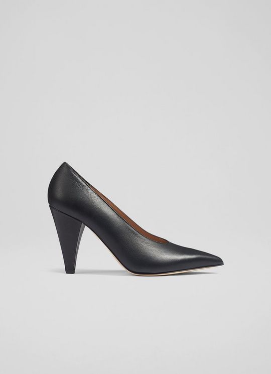 Micaela Black Leather Cone Heel Courts