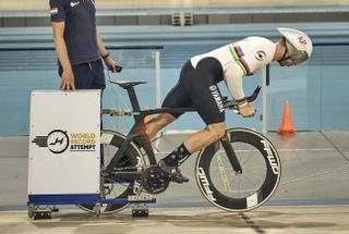 Jeffrey Hoogland on a track bike in the world champion's jersey