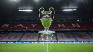 The Champions League trophy is seen ahead of the UEFA Champions League Final 2025 between Paris Saint-Germain and FC Internazionale Milano at Munich Football Arena on May 29, 2025 in Munich,