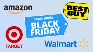 Amazon, Best Buy, Target and Walmart logos surrounding a Tom's Guide Black Friday deals badge 