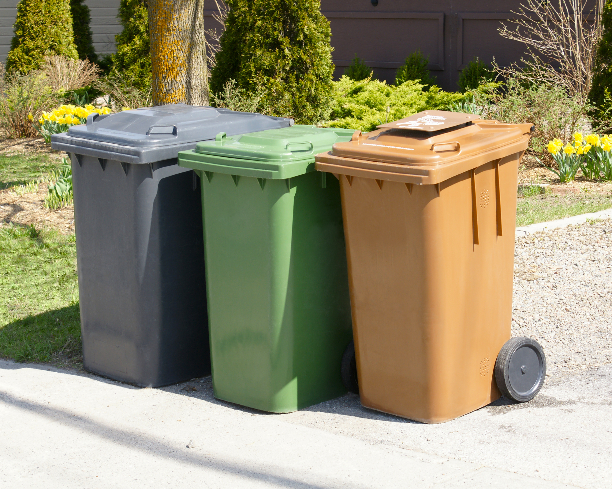 trash, recycling, and compost bins on the curb in front of a house