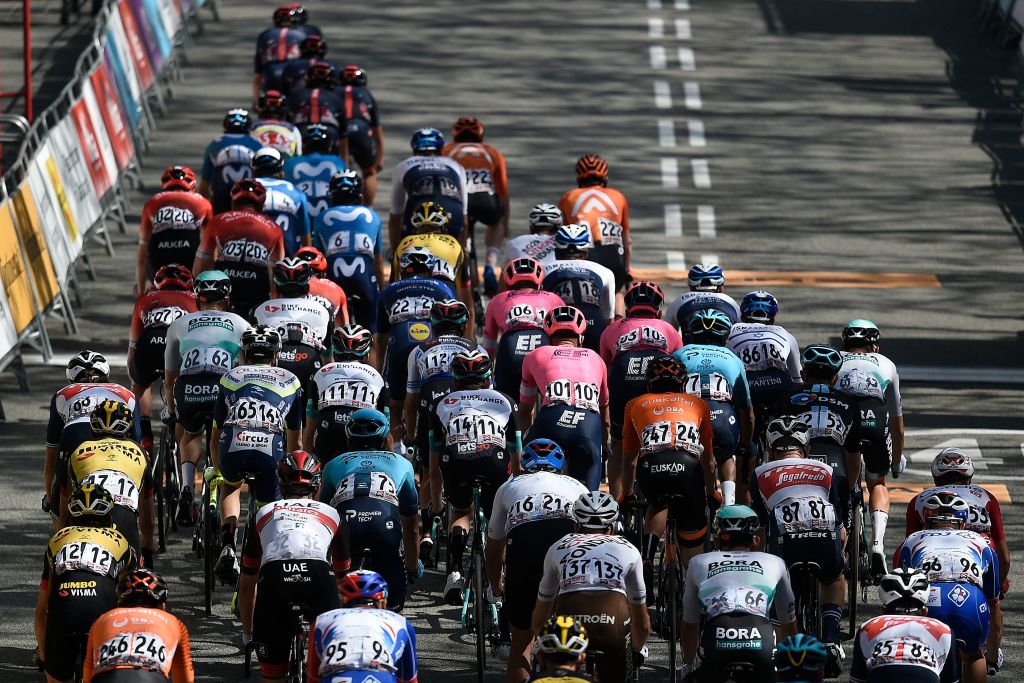 The pack rides during the last stage of the 100th Volta Catalunya 2021 a 133km race starting and finishing in Barcelona on March 28 2021 Photo by Josep LAGO  AFP Photo by JOSEP LAGOAFP via Getty Images