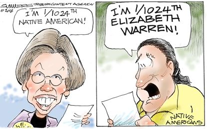 Political cartoon U.S. Elizabeth Warren 1/1024 Native American DNA test Cherokee