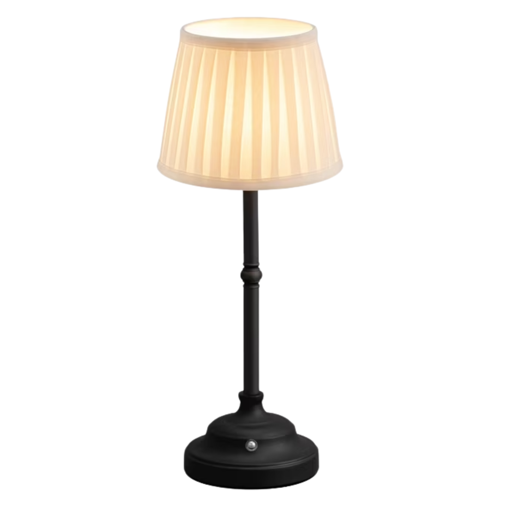 a black portable lamp with a fabric shade