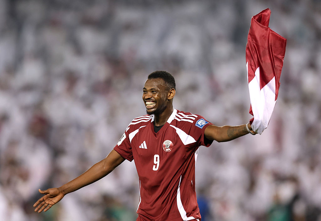 DOHA, QATAR - OCTOBER 14: Mohammed Muntari of Qatar celebrates after the team&amp;amp;apos;s victory in the FIFA World Cup 2026 qualifier match between Qatar and United Arab Emirates at Jassim Bin Hamad Stadium on October 14, 2025 in Doha, Qatar. (Photo by Mohamed Farag/Getty Images)