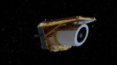 An illustration of the white Euclid space telescope floating amongst the stars