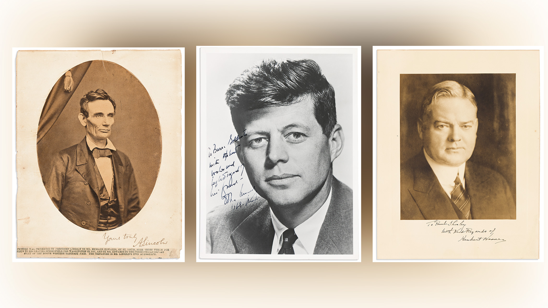 Portraits of Abraham Lincoln, John F. Kennedy and Herbert Hoover. 