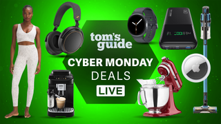 Tom's Guide Cyber Monday deals image showing various products and a model