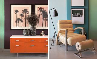 Left: orange and white cabinet. Right: cream-coloured recliner chair with matching footstool