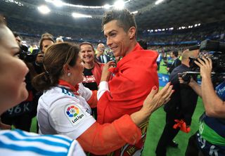 Real Madrid's Cristiano Ronaldo celebrates with his mother Dolores after winning the UEFA Champions League final in Kiev