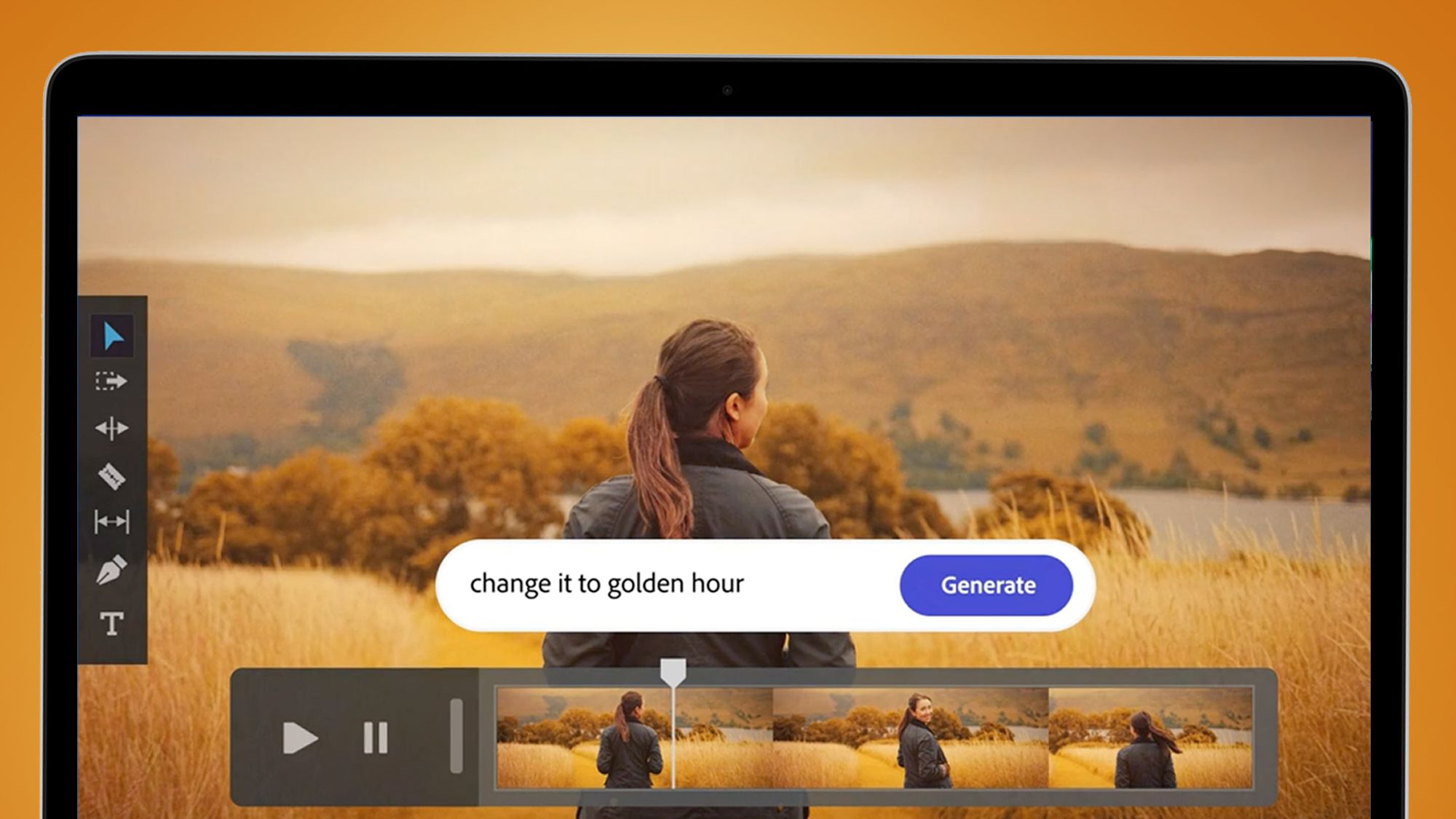 Ноутбук экран на оранжевом фоне, показывающий редактирование видео Adobe Firefly в действии