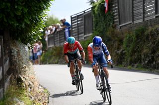 POLIGNY FRANCE JULY 21 LR Victor Campenaerts of Belgium and Team Lotto Dstny and Simon Clarke of Australia and Team IsraelPremier Tech compete in the breakaway during the stage nineteen of the 110th Tour de France 2023 a 1728km stage from MoiransenMontagne to Poligny UCIWT on July 21 2023 in Poligny France Photo by Tim de WaeleGetty Images