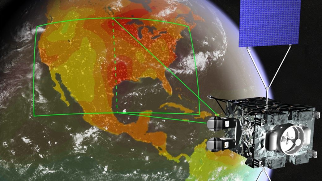 An artist&#039;s representation of GeoCarb studying carbon gases above the Earth.