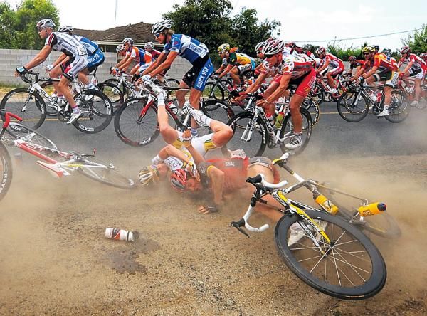 Lars Bak (HTC - Columbia) and Jose Luis Rubiera (RadioShack) hit the deck in the opening kilometres of stage 5 at the Amgen Tour of California.