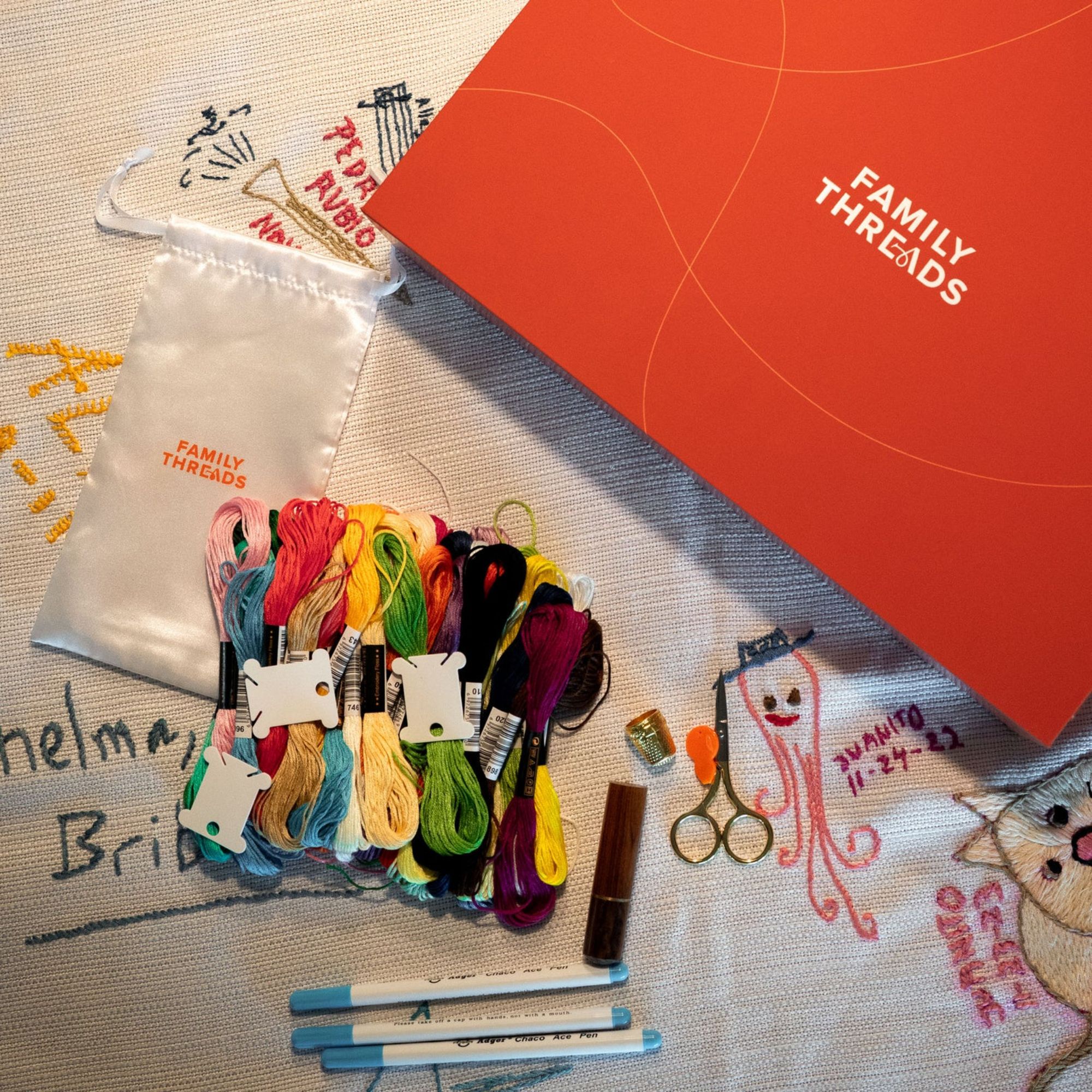 DIY tablecloth embroidery kit with thread and markers