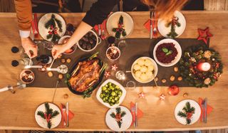 An overhead shot of Christmas dinner on the table