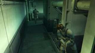 Snake peeking aroudn the corner in the Tanker mission of Metal Gear Solid 2