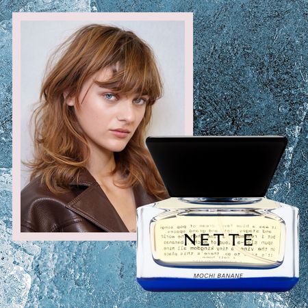 girl in a leather jacket on a blue background next to nette perfume