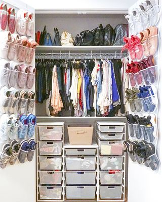 Tiny closet with shoe storage on the doors