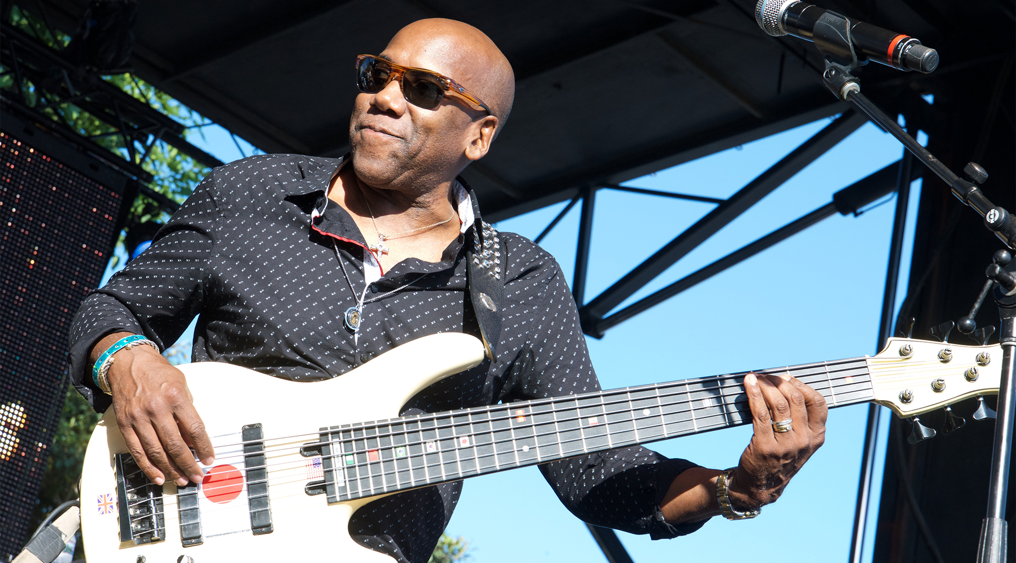 Bass Player Nathan East performs onstange at the Long Beach Jazz Festival at Rainbow Lagoon Park on August 12, 2017 in Long Beach, California.