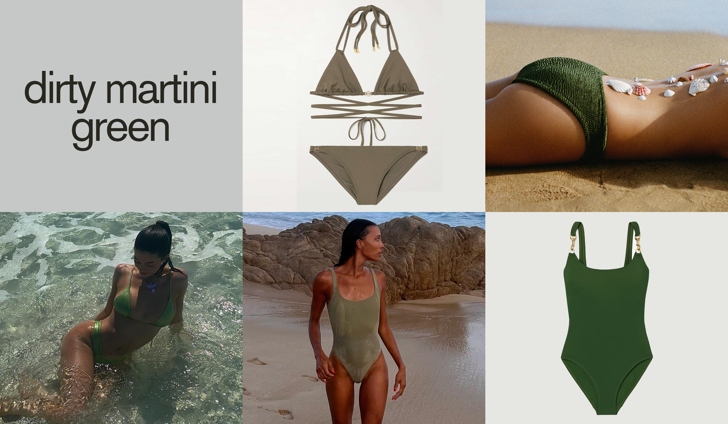 Collage of swimsuits in an olive green