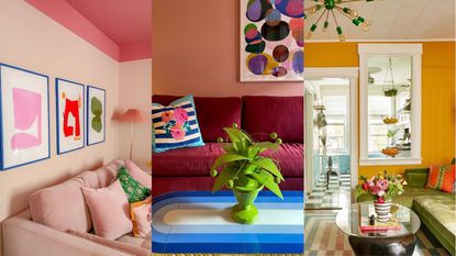 Outdated living room trends are so yesterday. Here are three pictures of living rooms, one of a pink living room with a couch and wall art, one with a purple couch and blue table, and one yellow one with a green couch