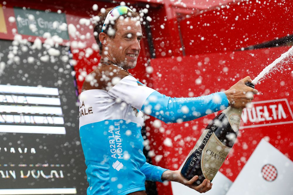 Alexandre Geniez (AG2R La Mondiale) celebrates after winning stage 12 at the Vuelta