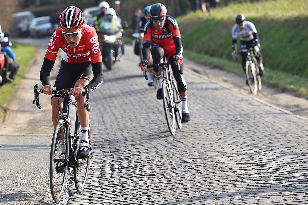 Tiesj Benoot (Lotto Soudal) tries to make a move on his own at Omloop Het Nieuwsblad