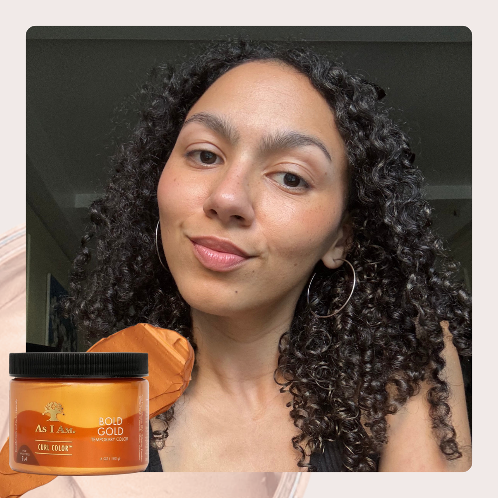 Assistant beauty editor Sabrina Talbert testing the As I Am Curl Color in Bold Gold.