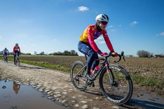 Belgian Lotte Kopecky of SD Worx pictured in action during the reconnaissance of the track of this years oneday cycling race ParisRoubaix around Roubaix France Monday 27 February 2023 BELGA PHOTO DAVID PINTENS Photo by DAVID PINTENS BELGA MAG Belga via AFP Photo by DAVID PINTENSBELGA MAGAFP via Getty Images